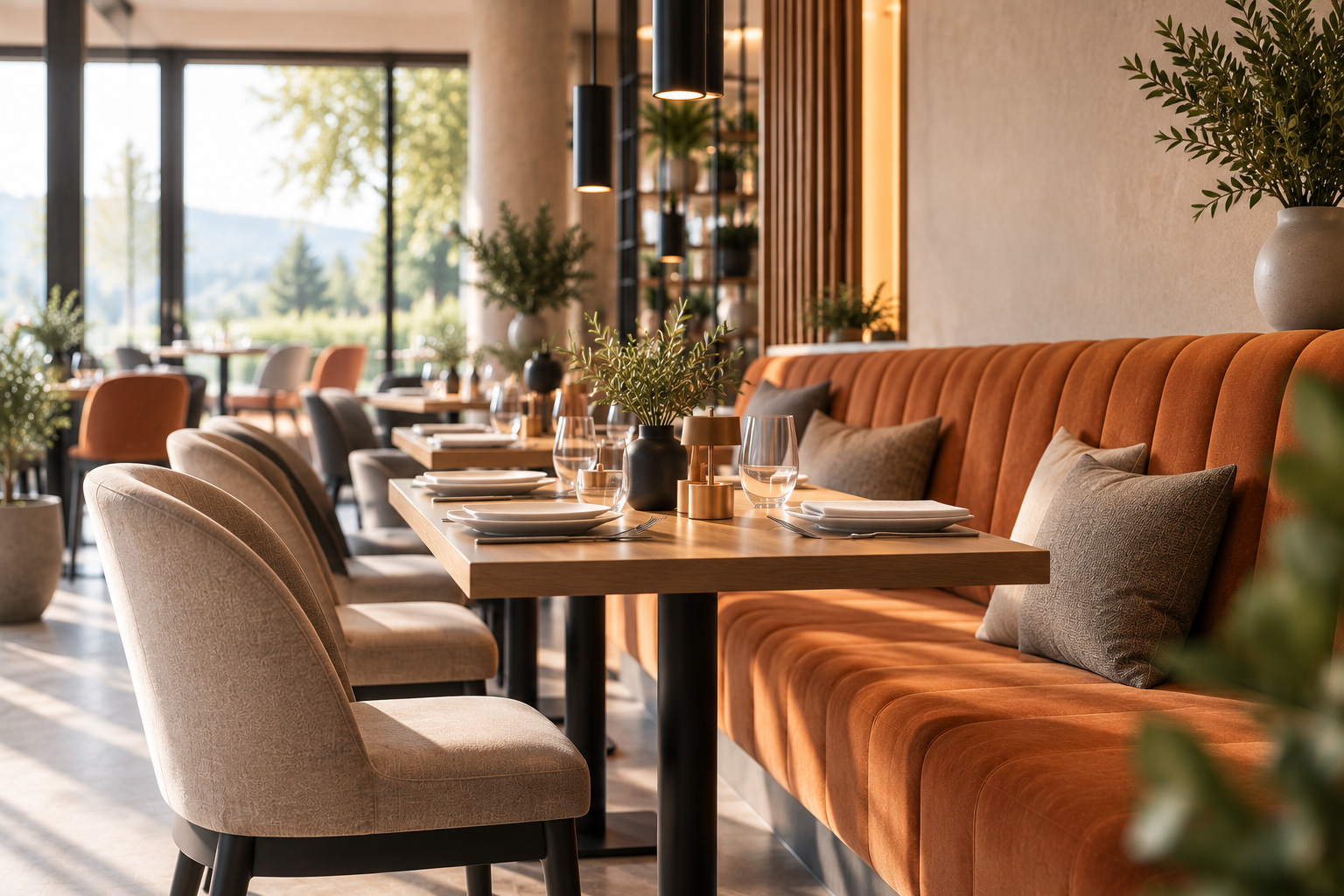 Moderner Gastronomiebereich mit Polsterbank, Stühlen und Tischen in größerer Stückzahl