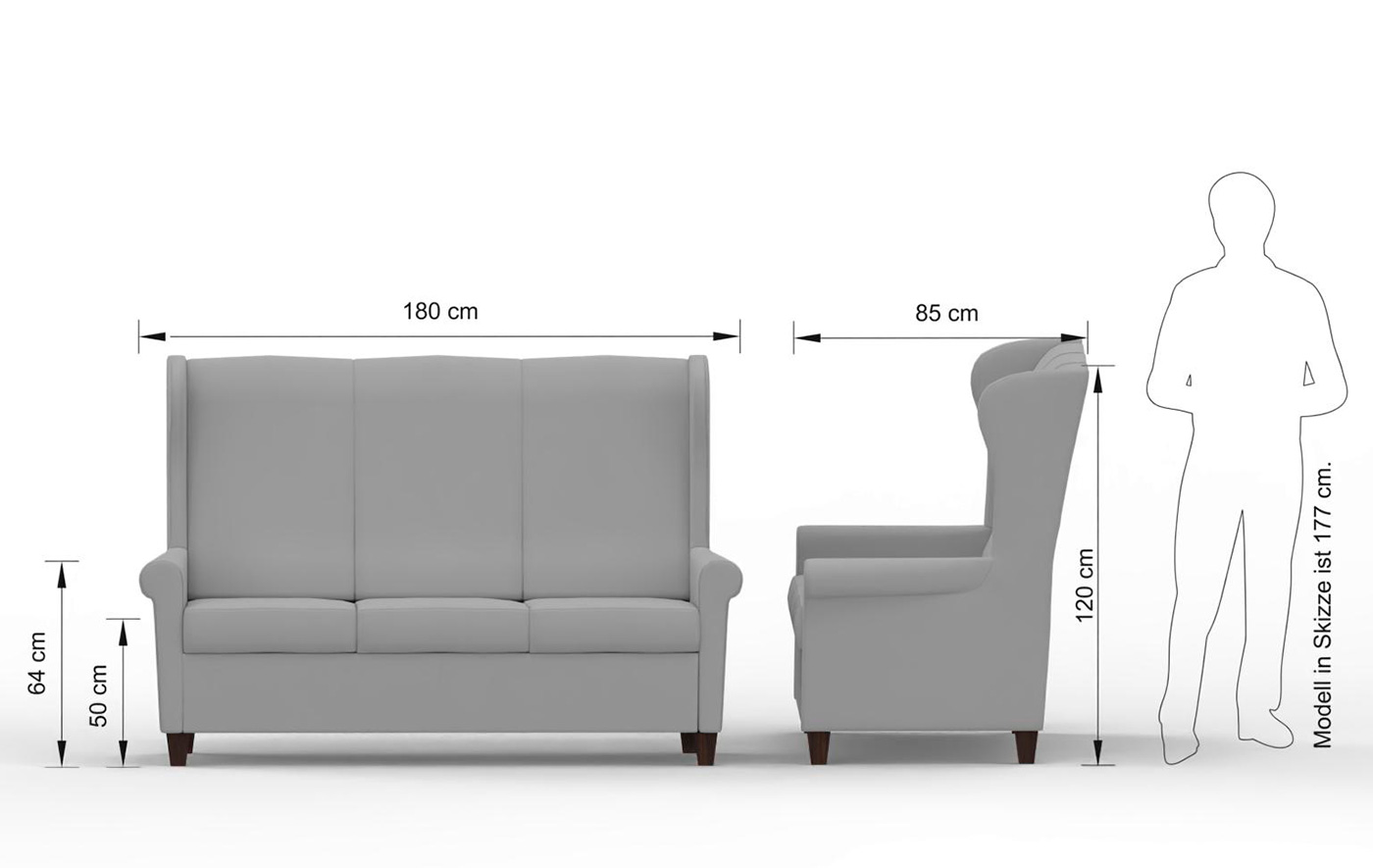 Abmessungen des 3-Sitzer Seniorensofas Bad Wiessee