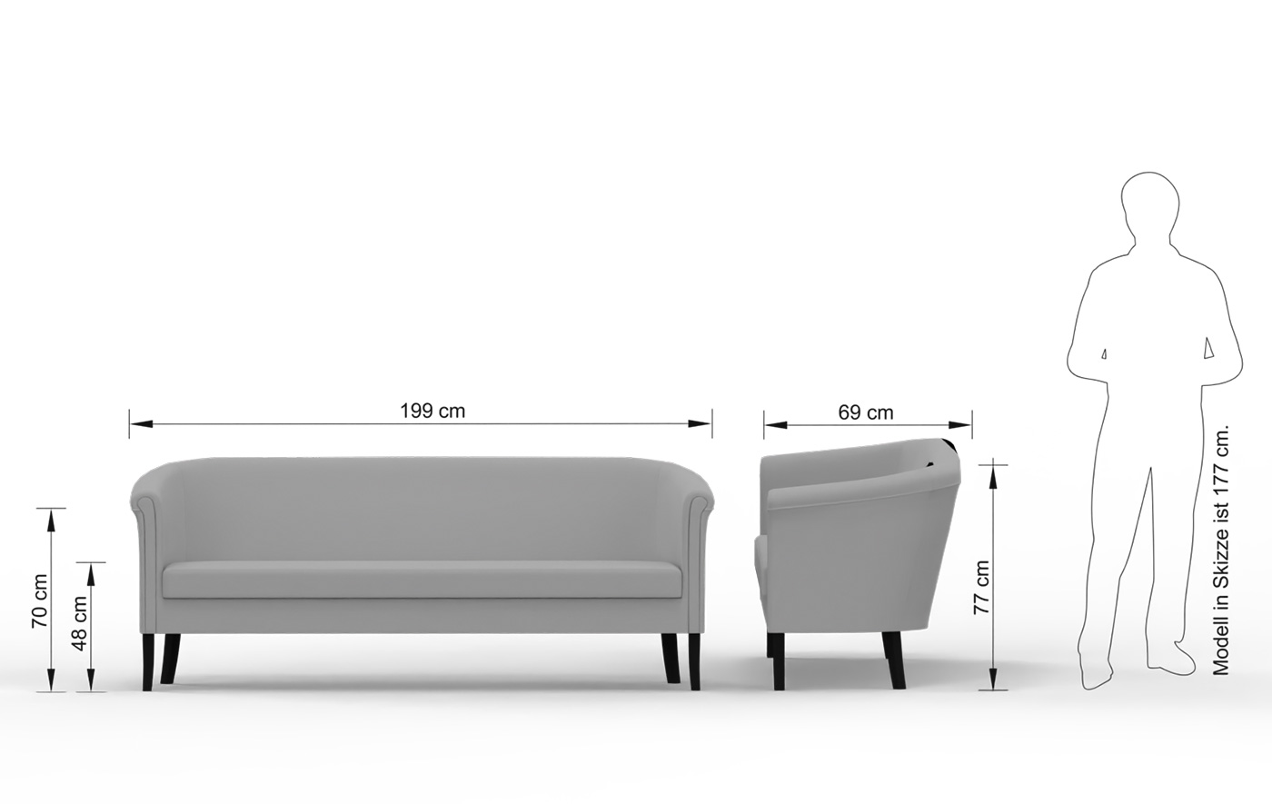 Abmessungen des BLANCA 3-Sitzer-Sofas: 199 cm breit, 69 cm tief und 77 cm hoch