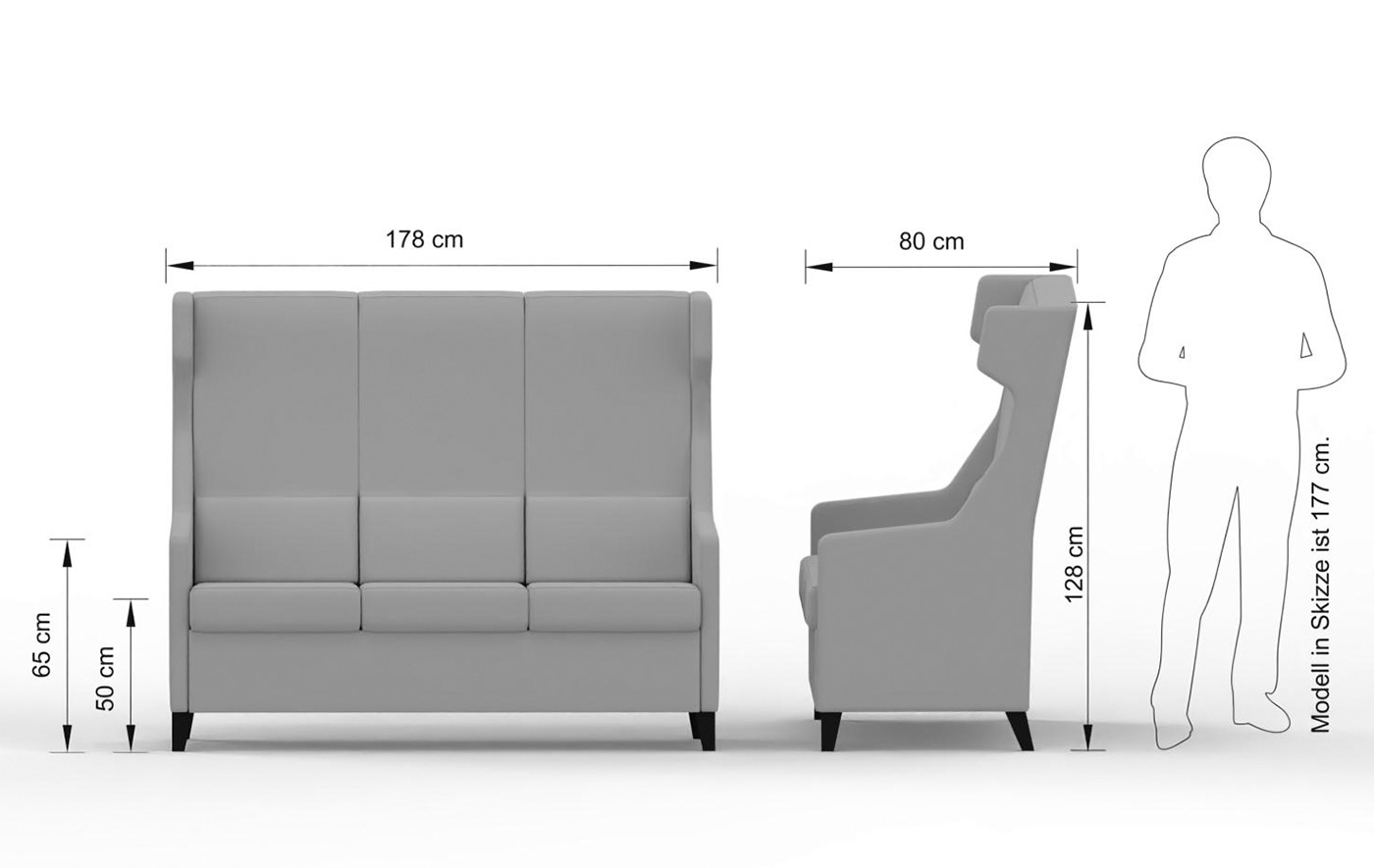 Abmessungen des Seniorensofas Brandis 3-Sitzer