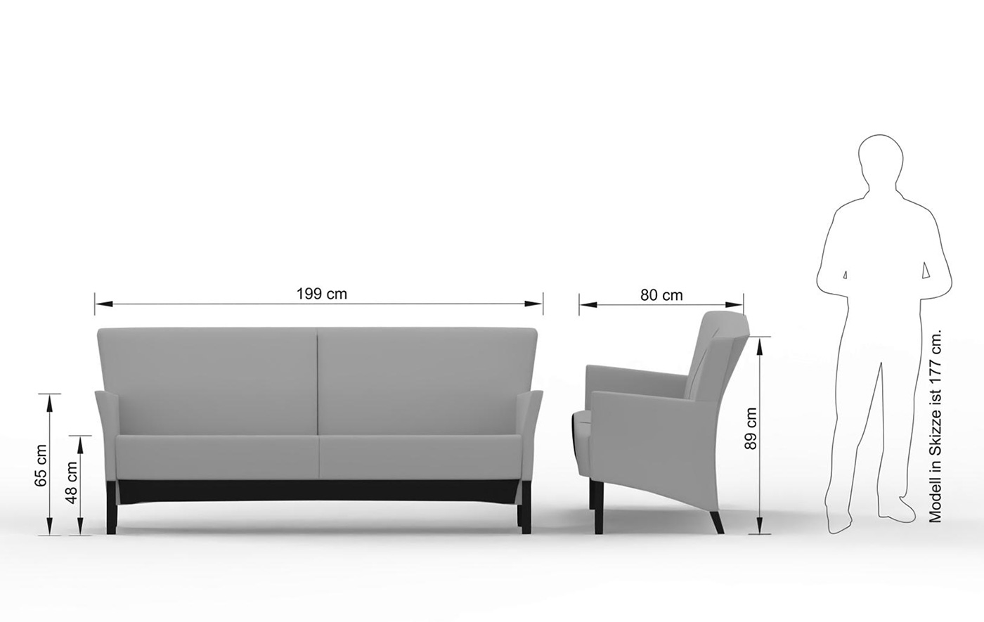 Abmessungen des BROOKLYN-3-Sitzer-Sofas: 199 cm breit, 80 cm tief und 89 cm hoch