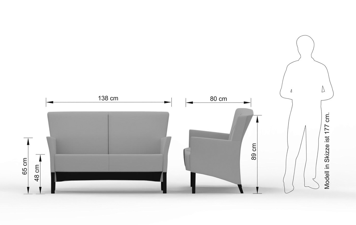 Abmessungen des BROOKLYN-2-Sitzer-Sofas: 138 cm breit, 80 cm tief und 89 cm hoch