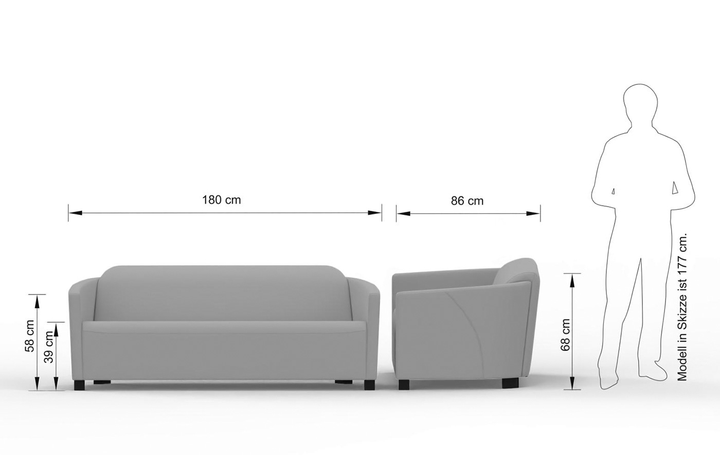 Abmessungen des CHILL 3-Sitzer-Sofas: 180 cm breit, 86 cm tief und 68 cm hoch