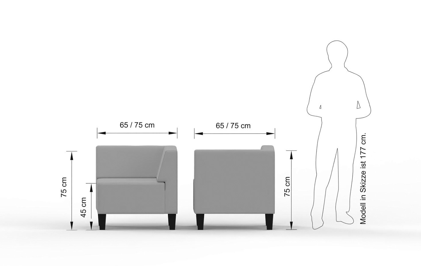 Abmessungen des CUBE-Eckmoduls: 65 × 65 oder 75 × 75 cm, jeweils 75 cm Gesamthöhe und 45 cm Sitzhöhe