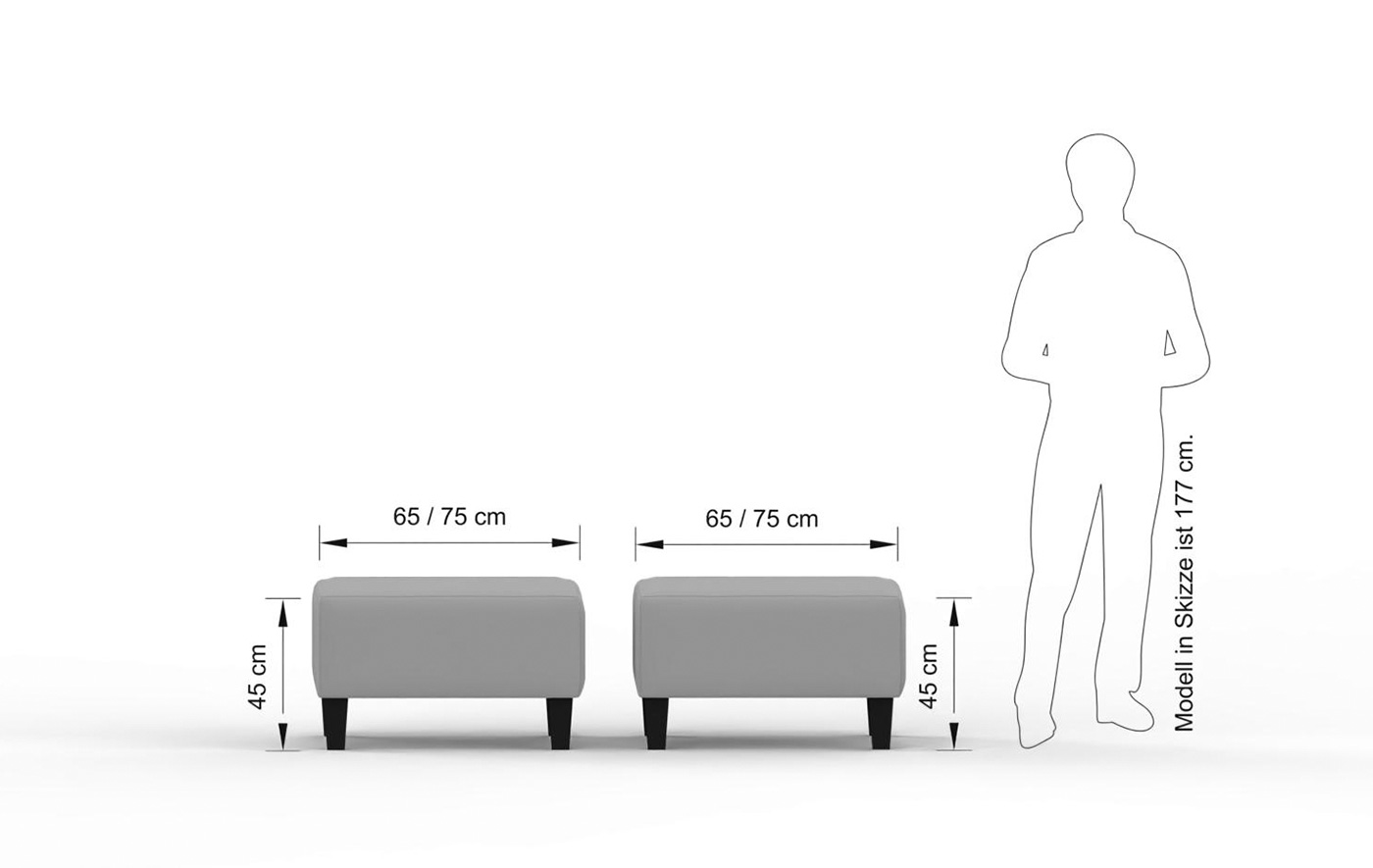 Abmessungen des CUBE-Hockermoduls: 65 × 65 oder 75 × 75 cm, jeweils 45 cm Gesamt- und Sitzhöhe