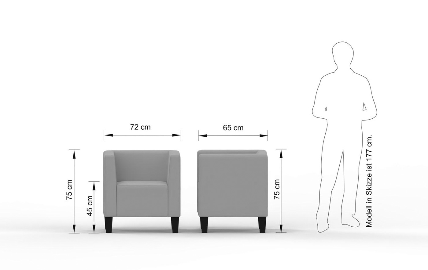 Abmessungen des CUBE-Sessels: 72 cm breit, 65 cm tief, 75 cm hoch und 45 cm Sitzhöhe