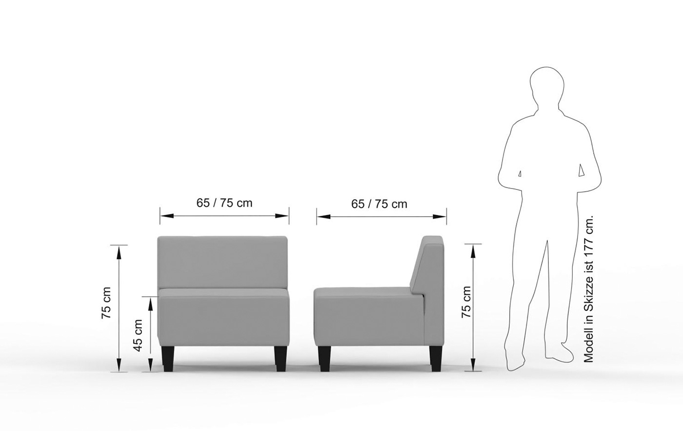 Abmessungen des CUBE-Sitzmoduls: 65 × 65 oder 75 × 75 cm, jeweils 75 cm Gesamthöhe und 45 cm Sitzhöhe