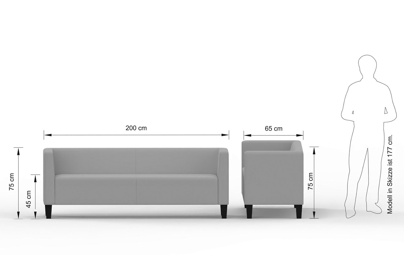 Abmessungen des CUBE-3-Sitzer-Sofas: 200 cm breit, 65 cm tief, 75 cm hoch und 45 cm Sitzhöhe
