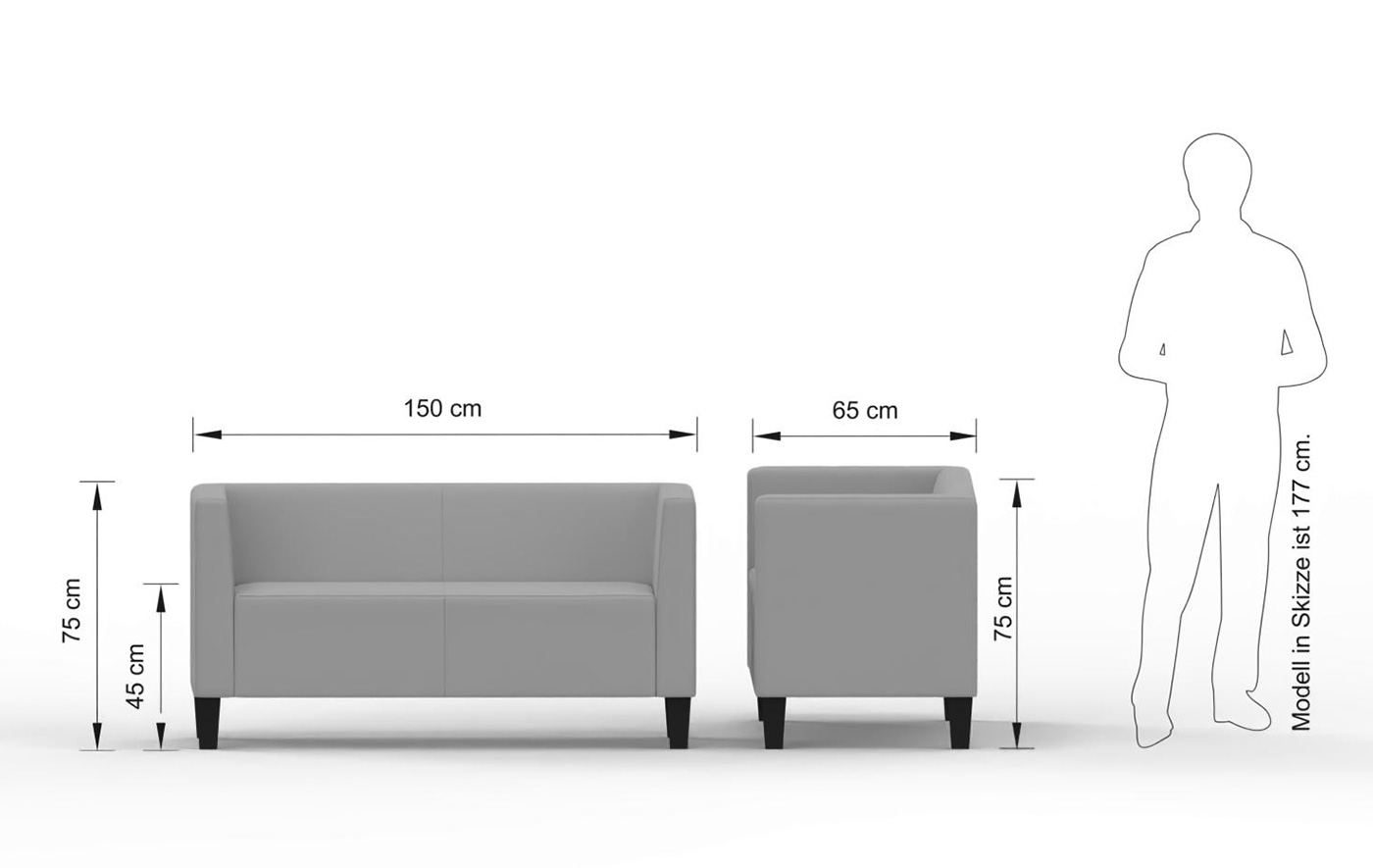 Abmessungen des CUBE-2-Sitzer-Sofas: 150 cm breit, 65 cm tief, 75 cm hoch und 45 cm Sitzhöhe