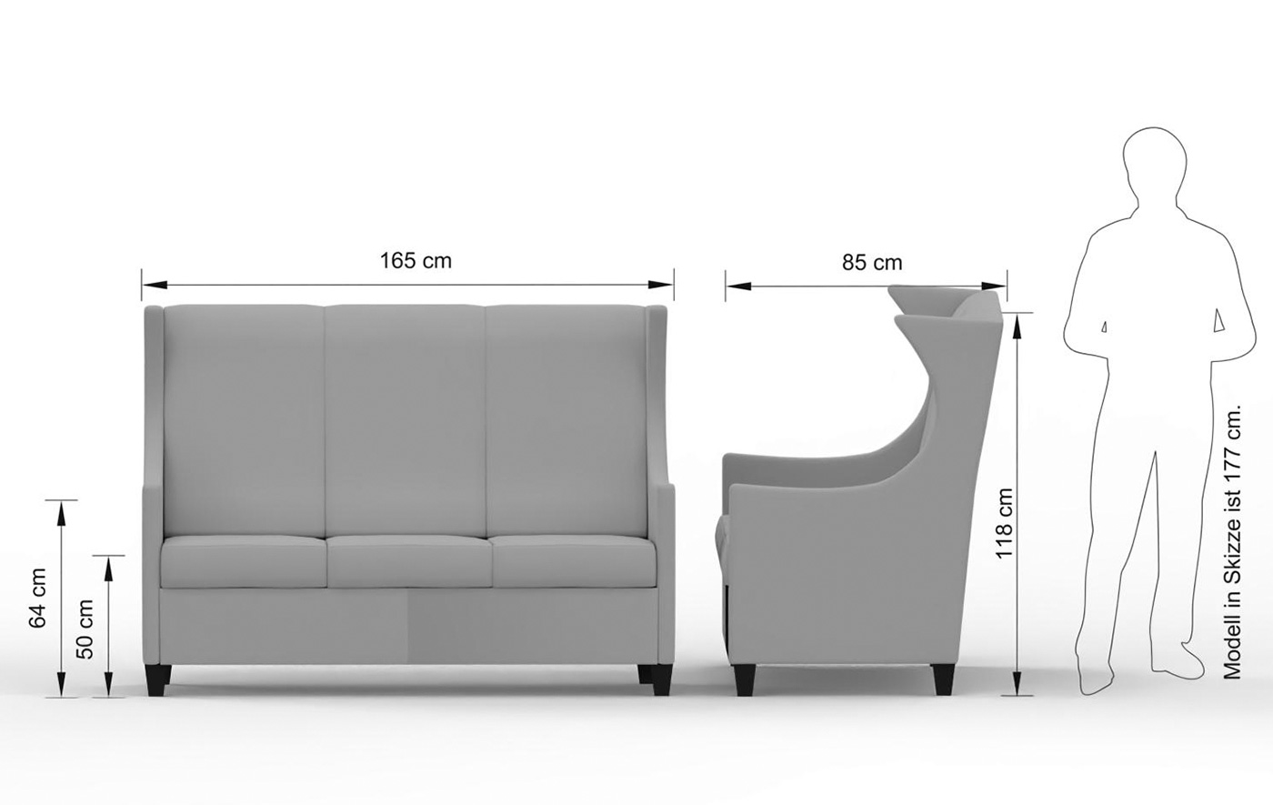 Abmessungen des Seniorensofas DON 3-Sitzer