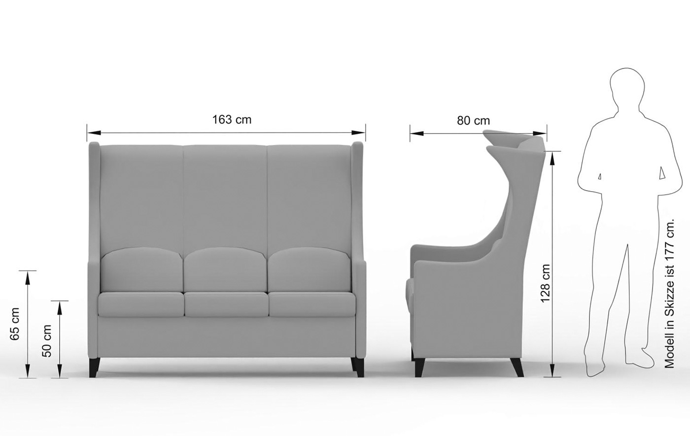 Abmessungen des Seniorensofas DONNA 3-Sitzer