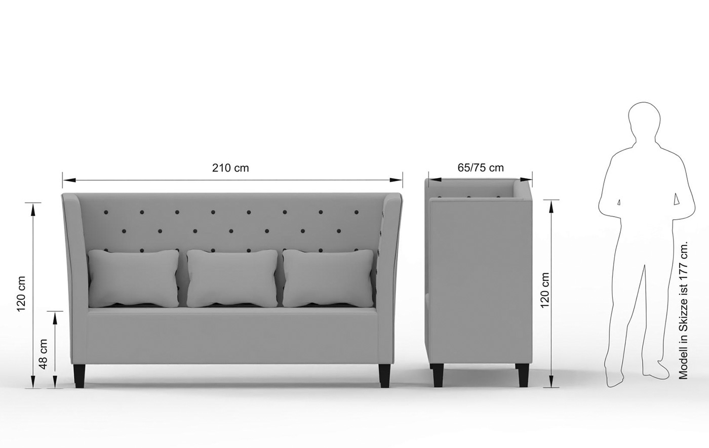 CUBE HIGH ELEGANCE 3-Sitzer: 210 cm Breite, 65 oder 75 cm Gesamttiefe, 120 cm Höhe und 48 cm Sitzhöhe