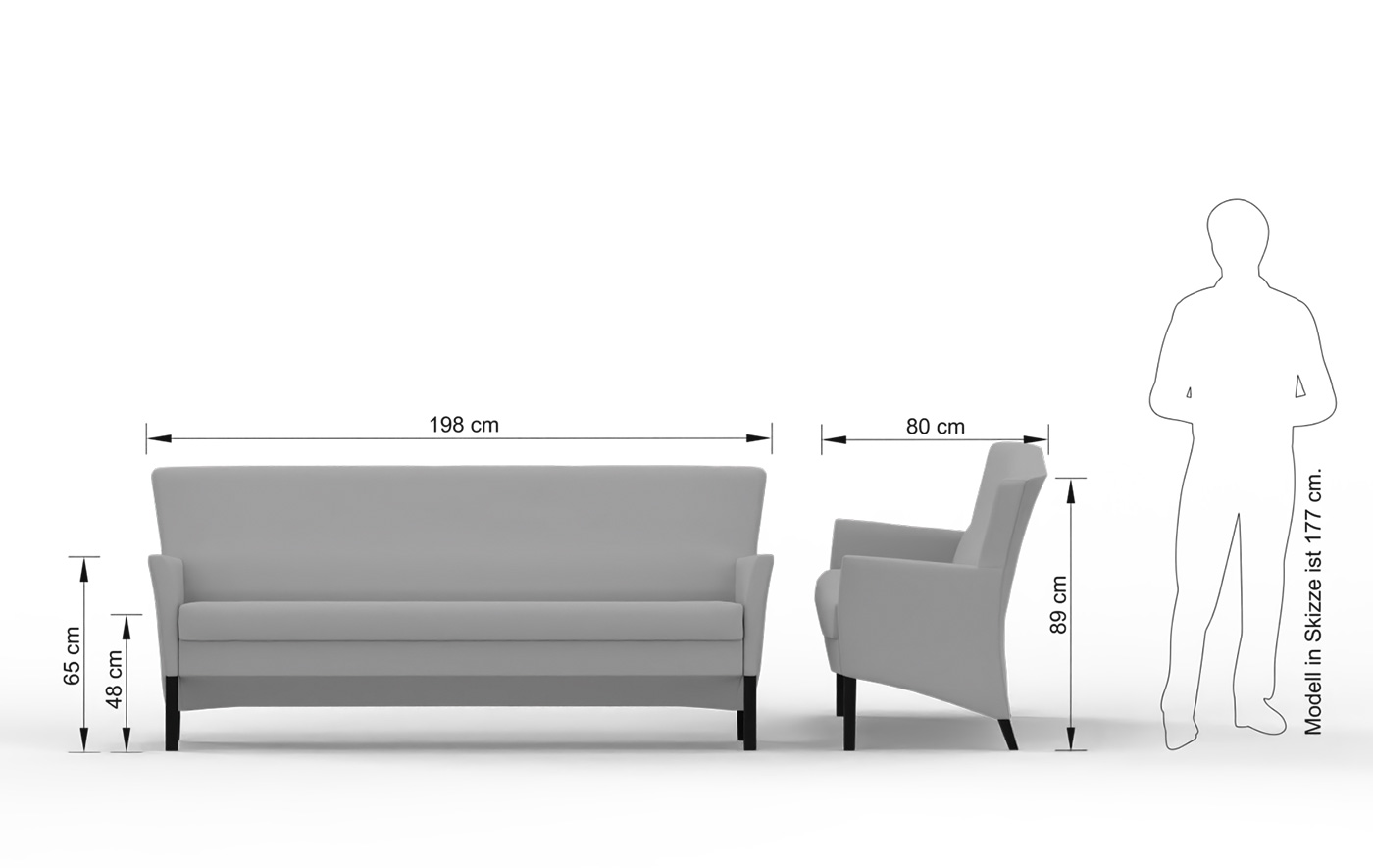 Abmessungen des Sofas NEW YORK: Breite 198 cm, Tiefe 80 cm, Höhe 89 cm, Sitzhöhe 48 cm und Armlehnenhöhe 65 cm