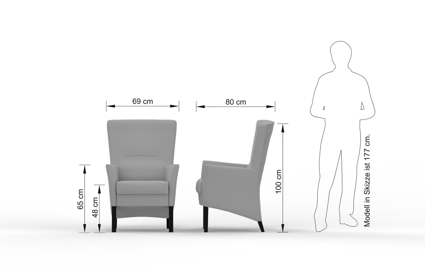Abmessungen des Sessels NEW YORK HIGH: Breite 69 cm, Tiefe 80 cm, Höhe 100 cm, Sitzhöhe 48 cm und Armlehnenhöhe 65 cm